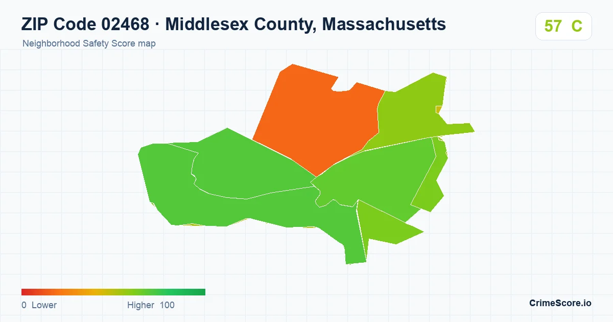 ZIP Code 02468 in Middlesex County, Massachusetts neighborhood Safety Score map