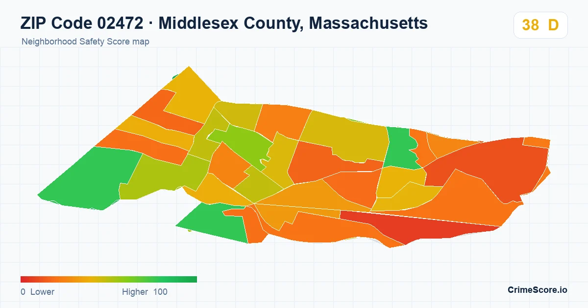 ZIP Code 02472 in Middlesex County, Massachusetts neighborhood Safety Score map