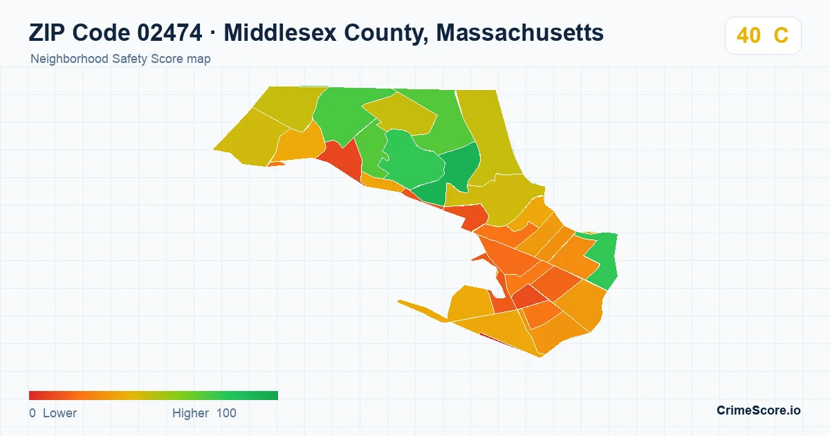 ZIP Code 02474 in Middlesex County, Massachusetts neighborhood Safety Score map