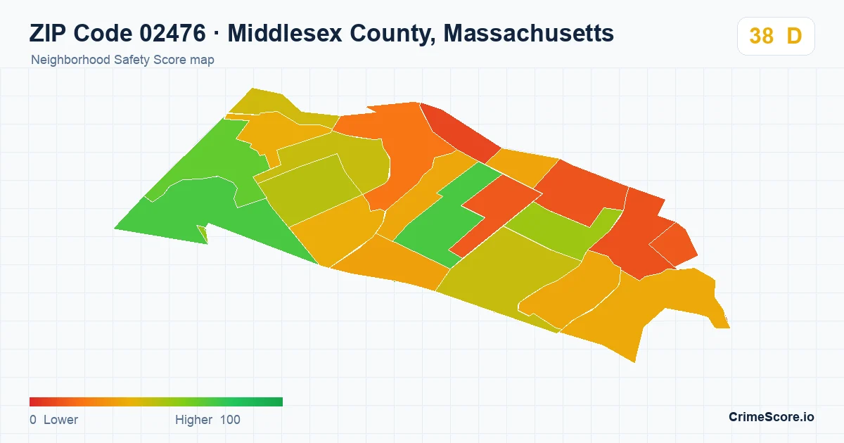 ZIP Code 02476 in Middlesex County, Massachusetts neighborhood Safety Score map