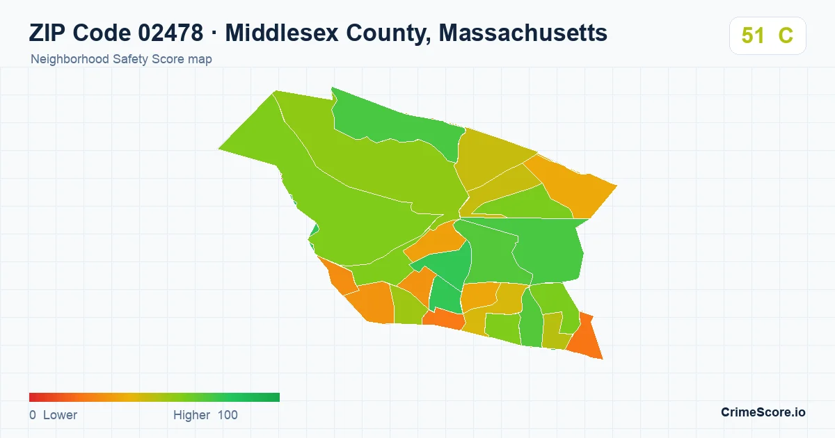 ZIP Code 02478 in Middlesex County, Massachusetts neighborhood Safety Score map