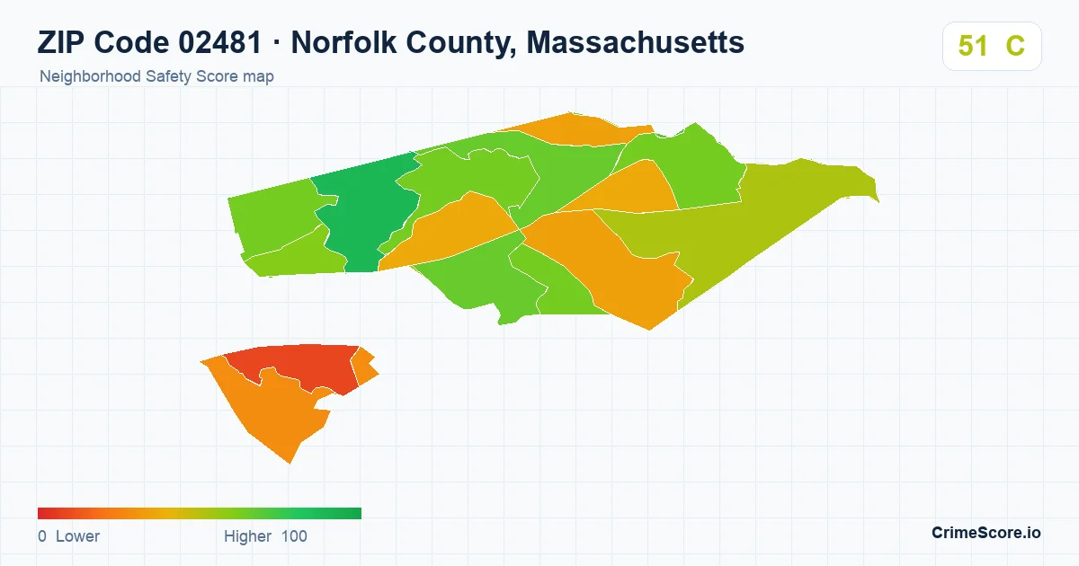 ZIP Code 02481 in Norfolk County, Massachusetts neighborhood Safety Score map