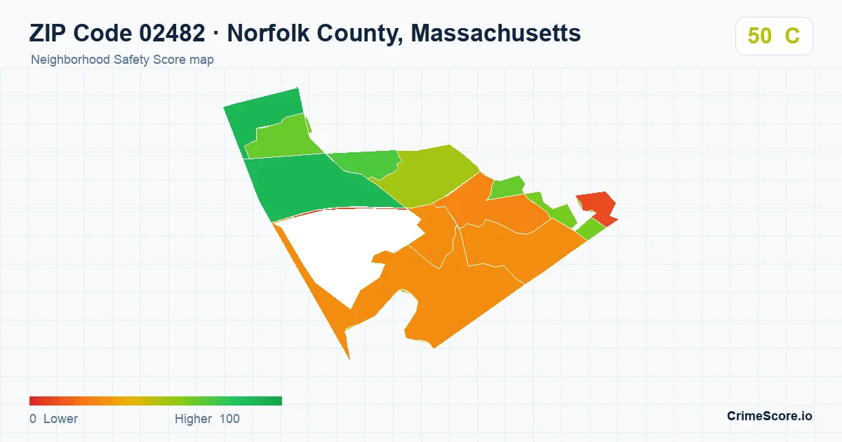 ZIP Code 02482 in Norfolk County, Massachusetts neighborhood Safety Score map