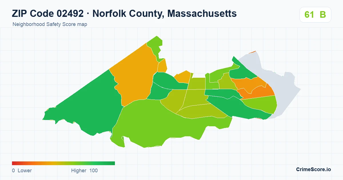 ZIP Code 02492 in Norfolk County, Massachusetts neighborhood Safety Score map