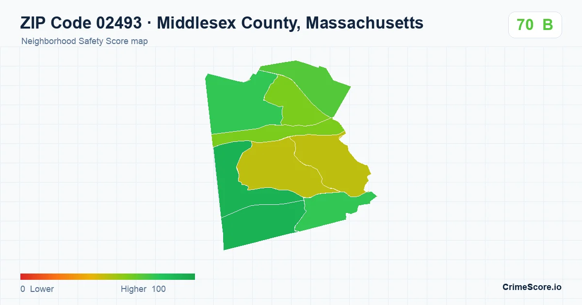 ZIP Code 02493 in Middlesex County, Massachusetts neighborhood Safety Score map