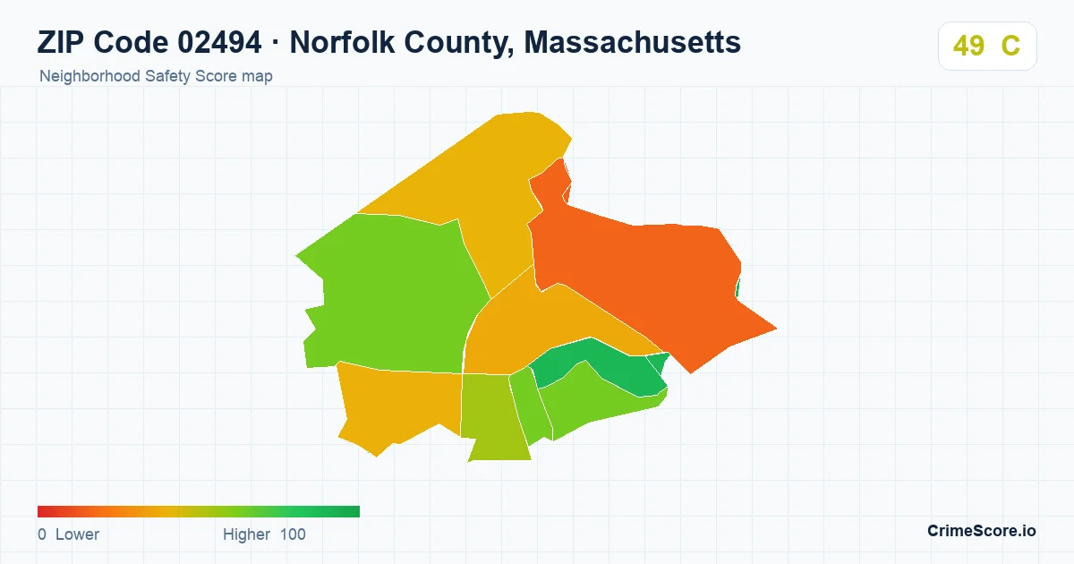 ZIP Code 02494 in Norfolk County, Massachusetts neighborhood Safety Score map