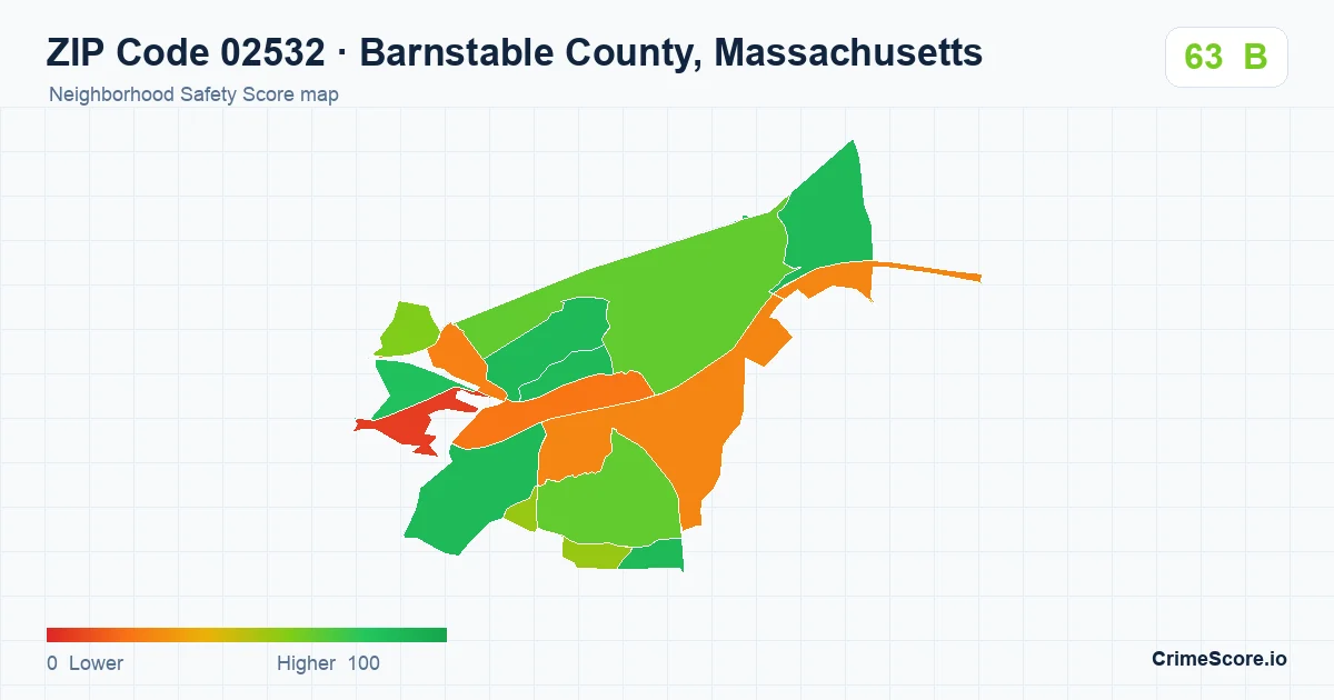 ZIP Code 02532 in Barnstable County, Massachusetts neighborhood Safety Score map