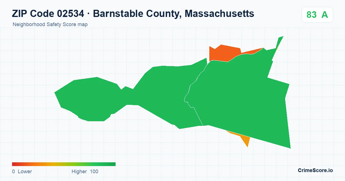 ZIP Code 02534 in Barnstable County, Massachusetts neighborhood Safety Score map