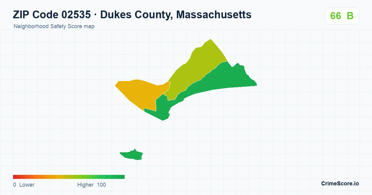 ZIP Code 02535 in Dukes County, Massachusetts neighborhood Safety Score map