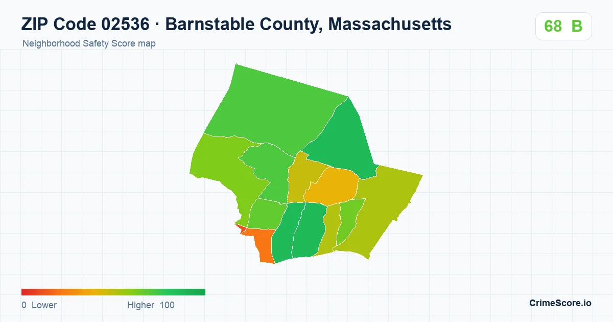 ZIP Code 02536 in Barnstable County, Massachusetts neighborhood Safety Score map