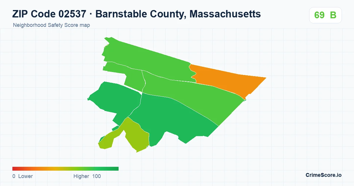 ZIP Code 02537 in Barnstable County, Massachusetts neighborhood Safety Score map