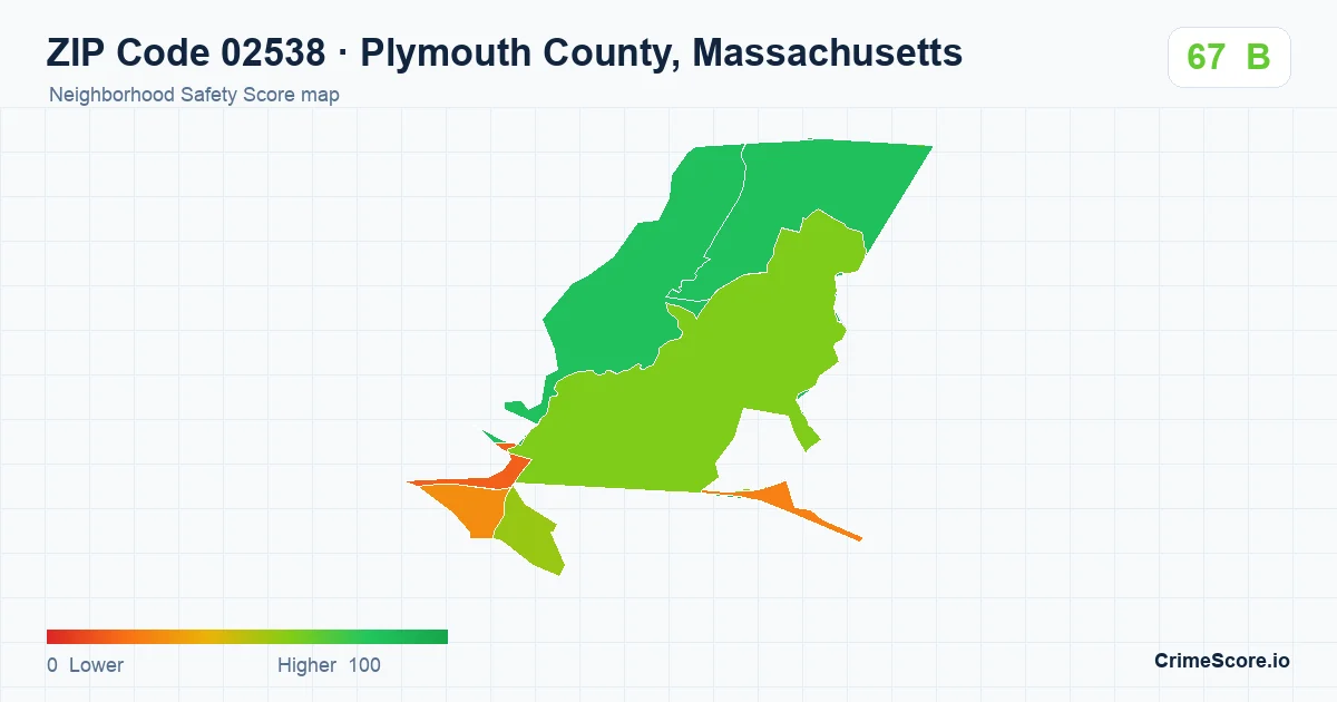 ZIP Code 02538 in Plymouth County, Massachusetts neighborhood Safety Score map