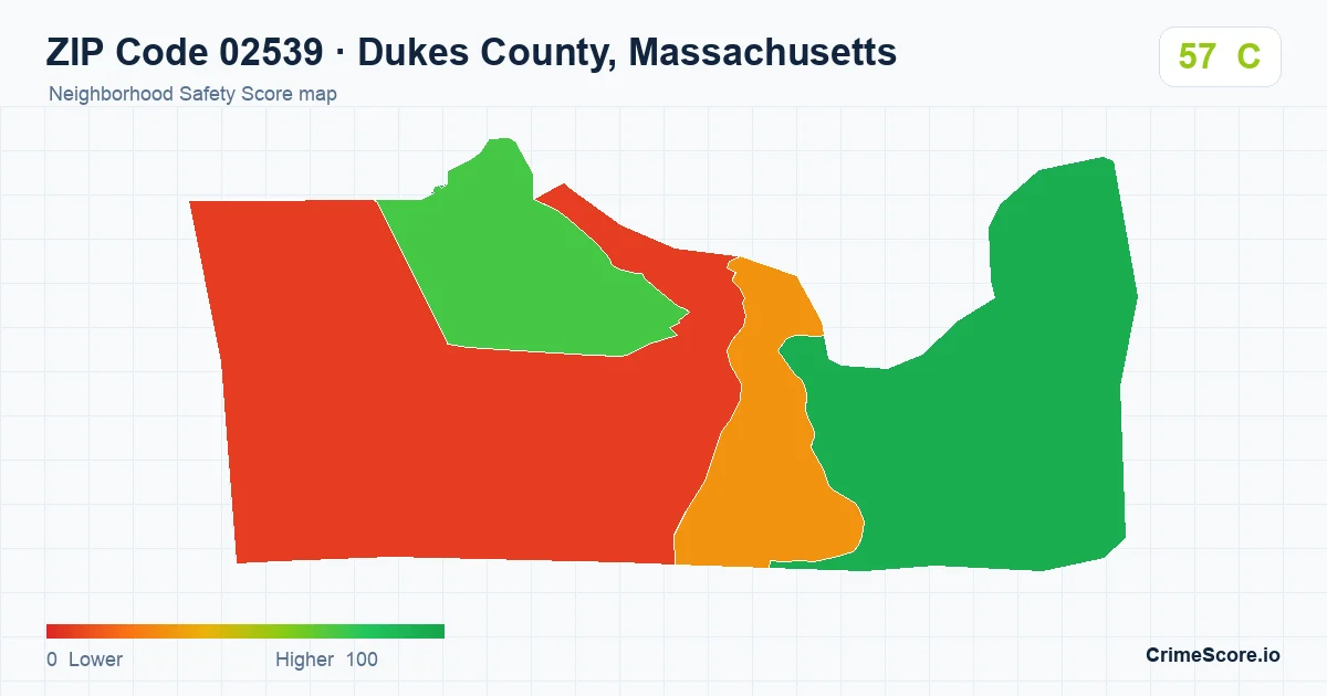ZIP Code 02539 in Dukes County, Massachusetts neighborhood Safety Score map
