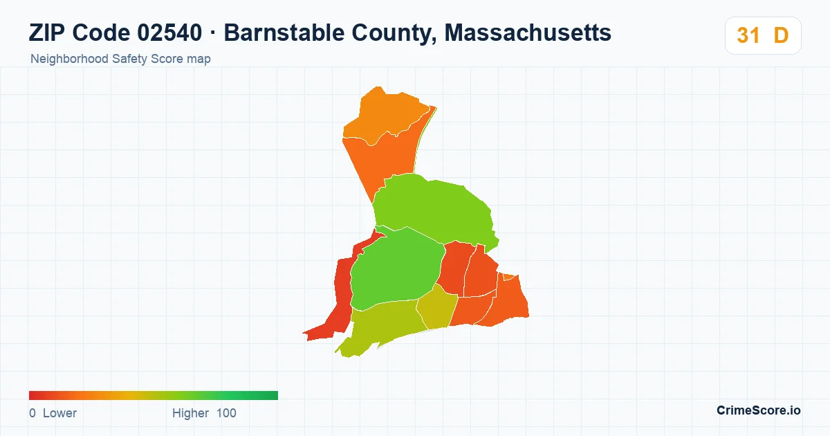 ZIP Code 02540 in Barnstable County, Massachusetts neighborhood Safety Score map