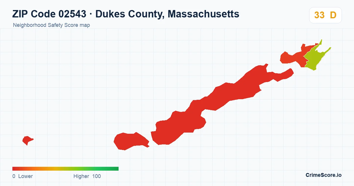 ZIP Code 02543 in Dukes County, Massachusetts neighborhood Safety Score map