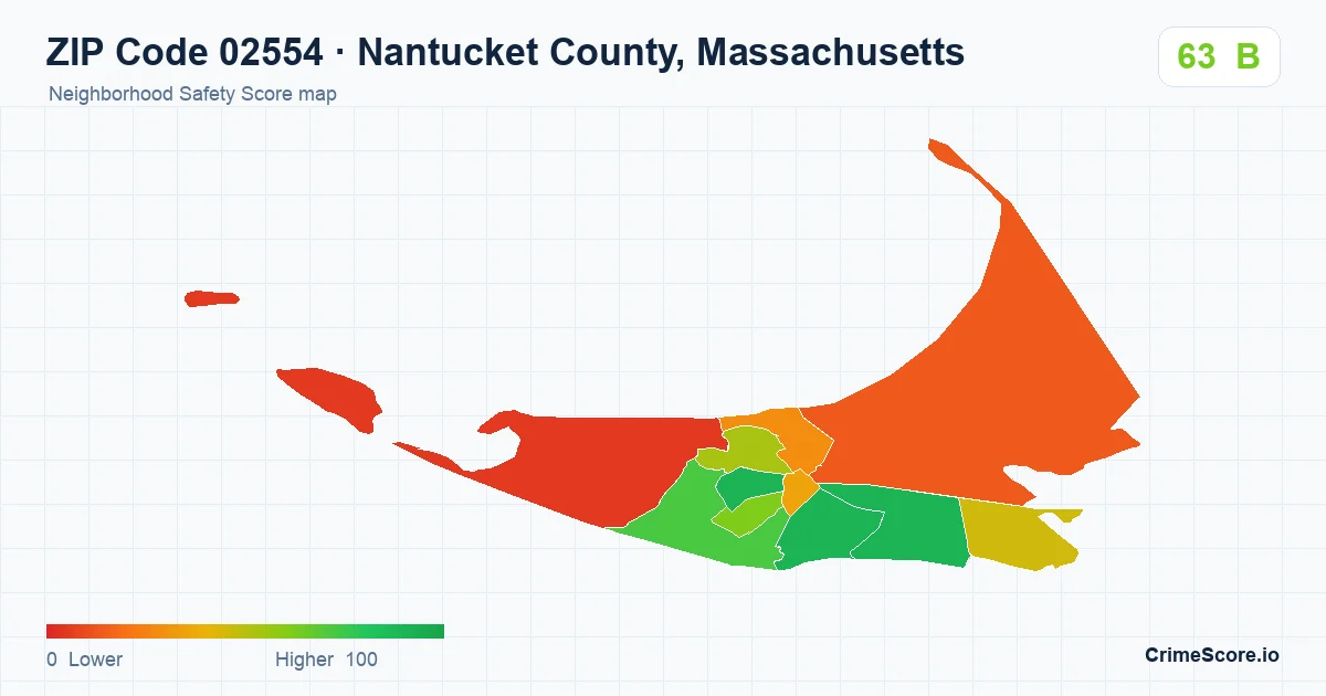 ZIP Code 02554 in Nantucket County, Massachusetts neighborhood Safety Score map