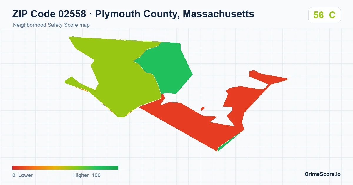 ZIP Code 02558 in Plymouth County, Massachusetts neighborhood Safety Score map