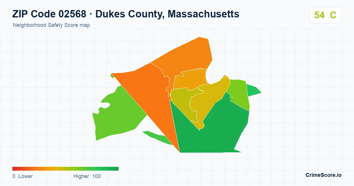 ZIP Code 02568 in Dukes County, Massachusetts neighborhood Safety Score map
