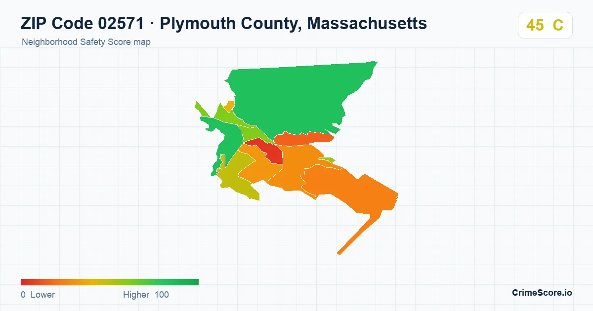 ZIP Code 02571 in Plymouth County, Massachusetts neighborhood Safety Score map