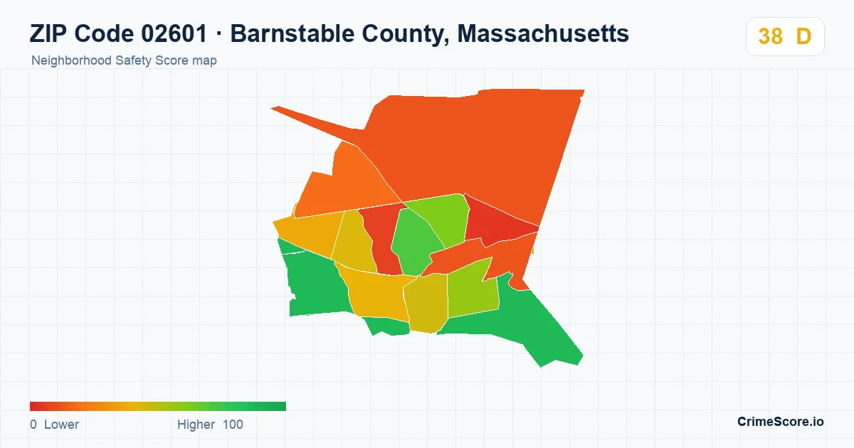 ZIP Code 02601 in Barnstable County, Massachusetts neighborhood Safety Score map
