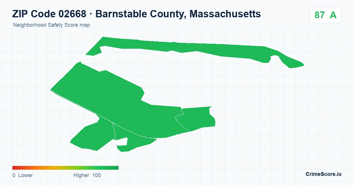 ZIP Code 02668 in Barnstable County, Massachusetts neighborhood Safety Score map