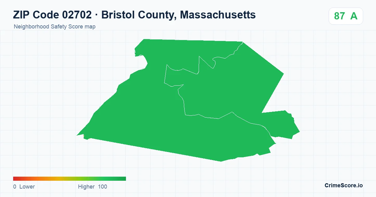 ZIP Code 02702 in Bristol County, Massachusetts neighborhood Safety Score map