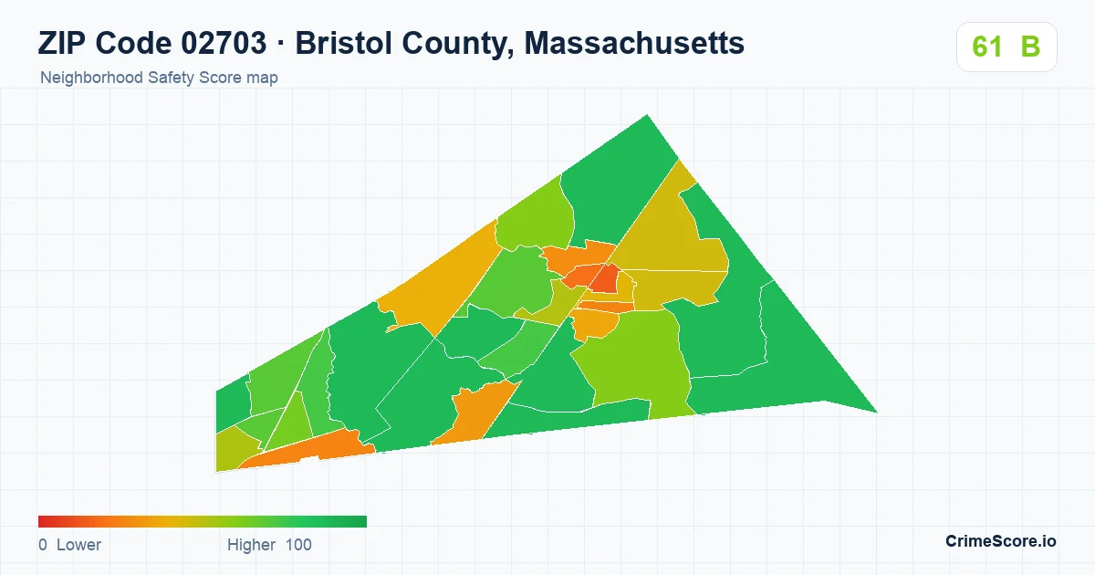 ZIP Code 02703 in Bristol County, Massachusetts neighborhood Safety Score map