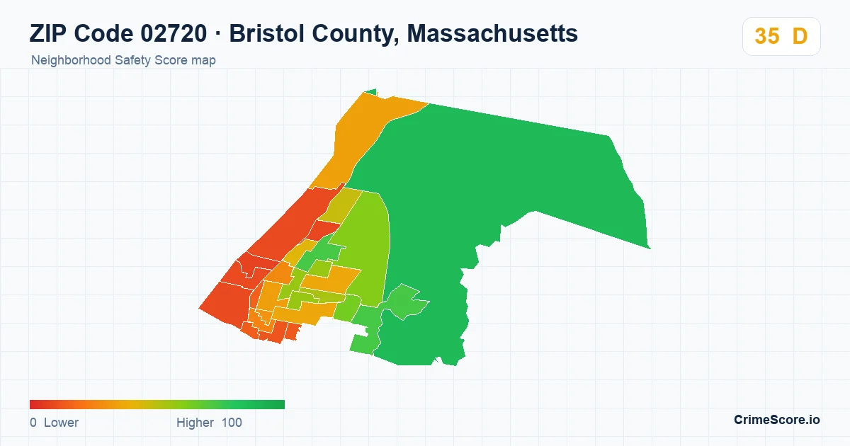 ZIP Code 02720 in Bristol County, Massachusetts neighborhood Safety Score map
