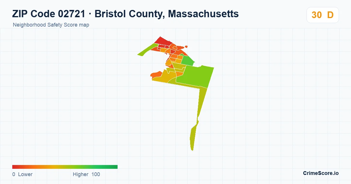 ZIP Code 02721 in Bristol County, Massachusetts neighborhood Safety Score map
