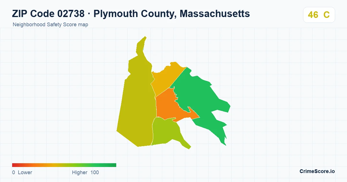 ZIP Code 02738 in Plymouth County, Massachusetts neighborhood Safety Score map