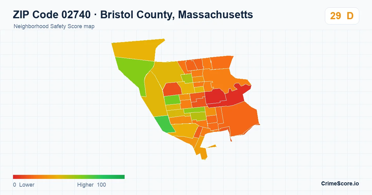 ZIP Code 02740 in Bristol County, Massachusetts neighborhood Safety Score map
