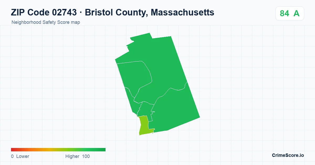 ZIP Code 02743 in Bristol County, Massachusetts neighborhood Safety Score map