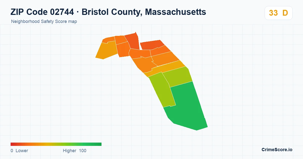 ZIP Code 02744 in Bristol County, Massachusetts neighborhood Safety Score map