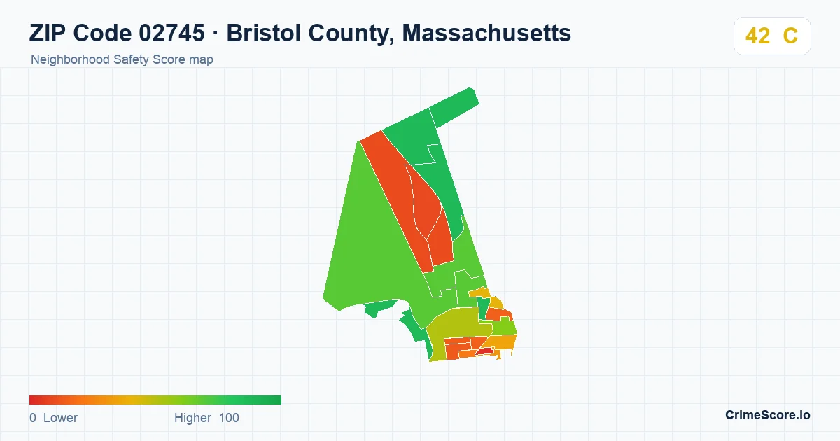 ZIP Code 02745 in Bristol County, Massachusetts neighborhood Safety Score map