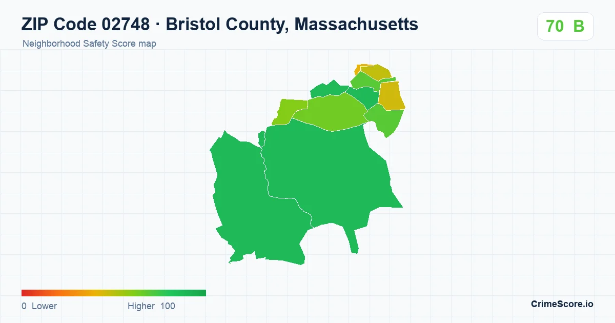ZIP Code 02748 in Bristol County, Massachusetts neighborhood Safety Score map