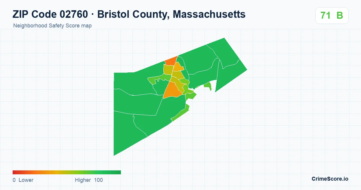 ZIP Code 02760 in Bristol County, Massachusetts neighborhood Safety Score map