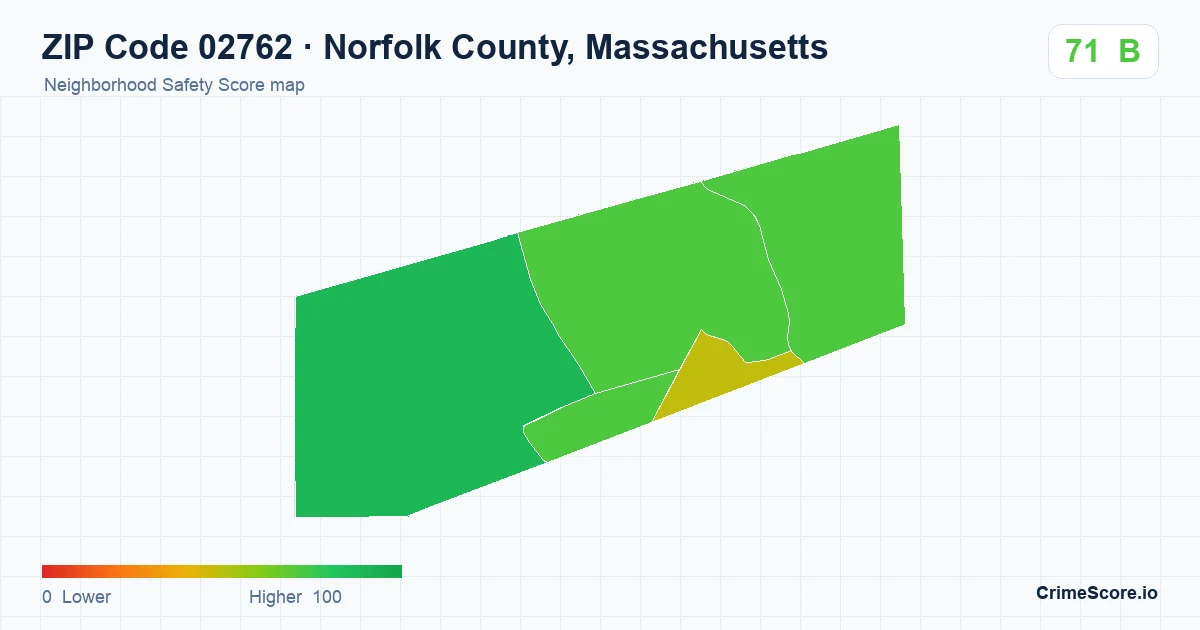 ZIP Code 02762 in Norfolk County, Massachusetts neighborhood Safety Score map