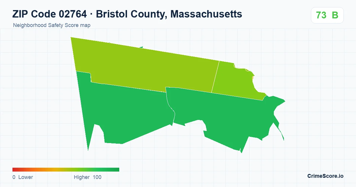ZIP Code 02764 in Bristol County, Massachusetts neighborhood Safety Score map