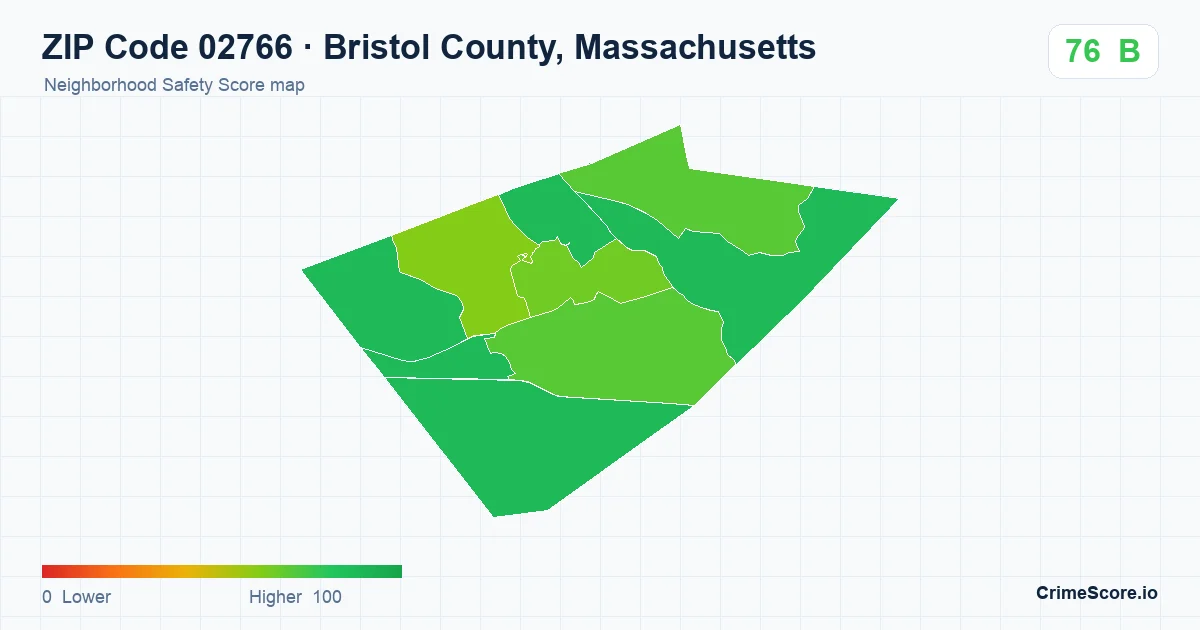 ZIP Code 02766 in Bristol County, Massachusetts neighborhood Safety Score map