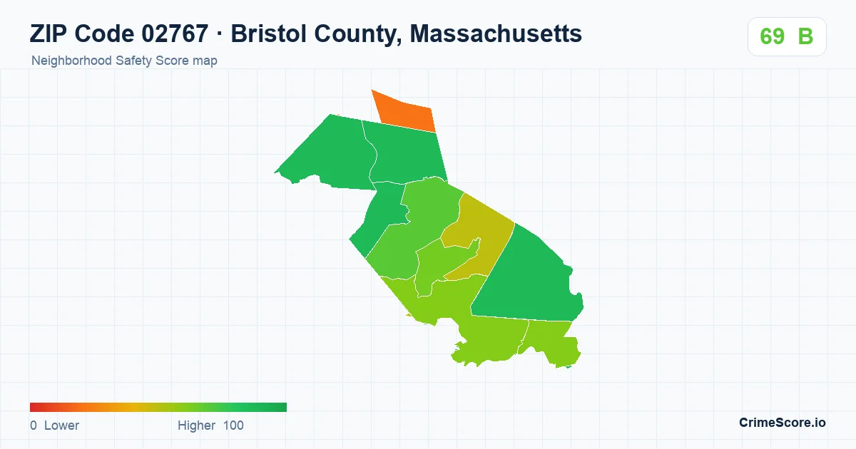 ZIP Code 02767 in Bristol County, Massachusetts neighborhood Safety Score map