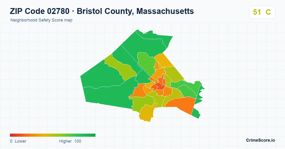 ZIP Code 02780 in Bristol County, Massachusetts neighborhood Safety Score map