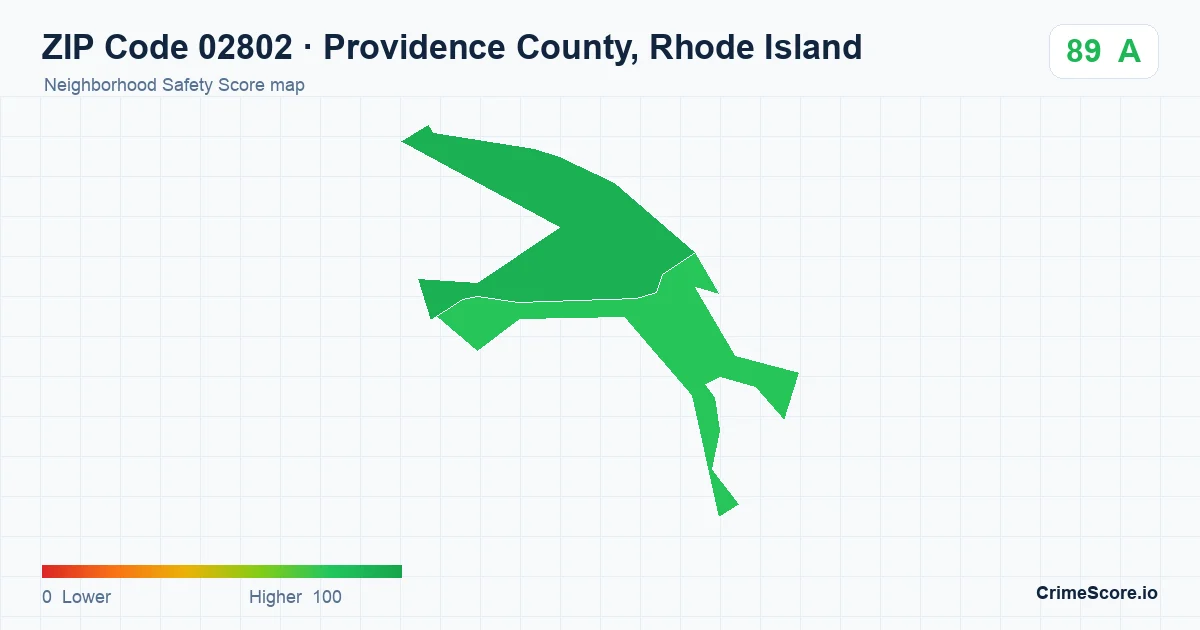 ZIP Code 02802 in Providence County, Rhode Island neighborhood Safety Score map