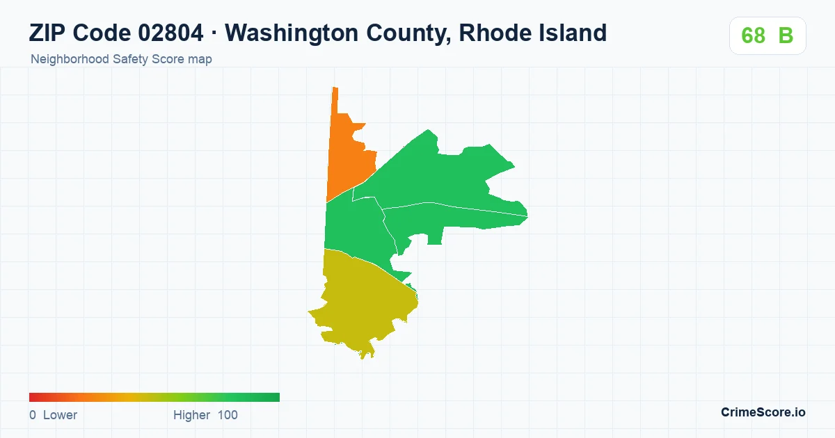 ZIP Code 02804 in Washington County, Rhode Island neighborhood Safety Score map
