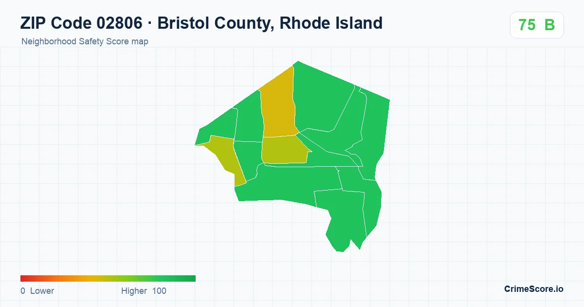 ZIP Code 02806 in Bristol County, Rhode Island neighborhood Safety Score map