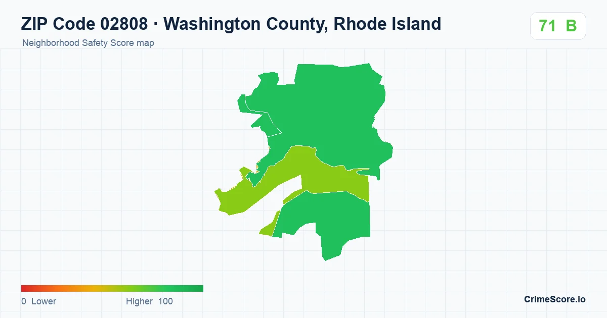 ZIP Code 02808 in Washington County, Rhode Island neighborhood Safety Score map