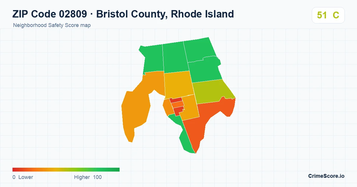 ZIP Code 02809 in Bristol County, Rhode Island neighborhood Safety Score map