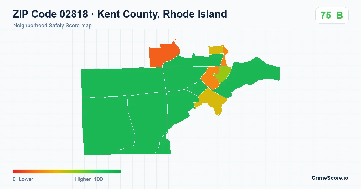 ZIP Code 02818 in Kent County, Rhode Island neighborhood Safety Score map