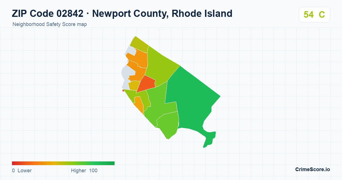 ZIP Code 02842 in Newport County, Rhode Island neighborhood Safety Score map