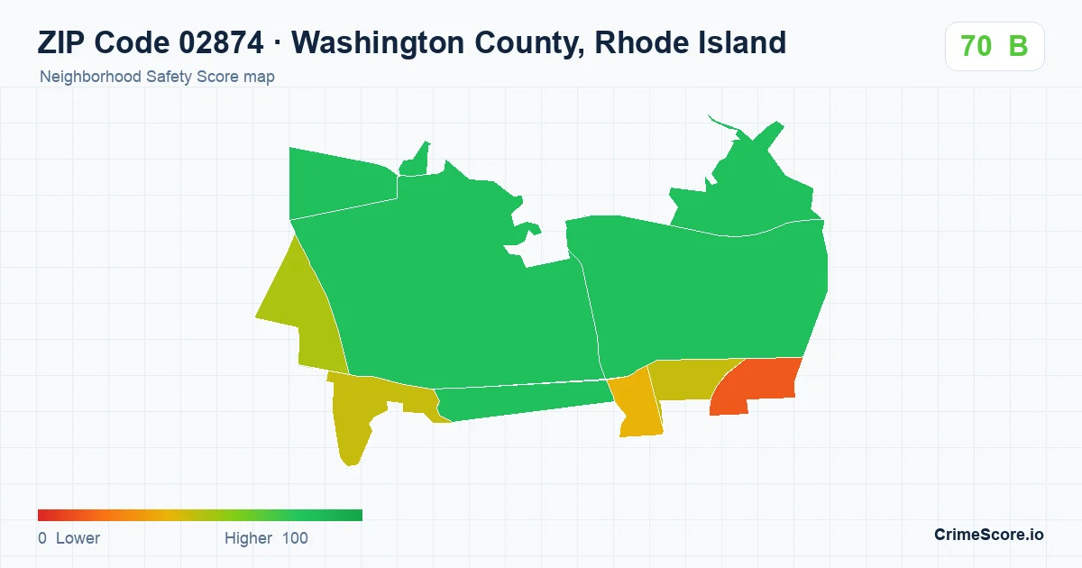 ZIP Code 02874 in Washington County, Rhode Island neighborhood Safety Score map