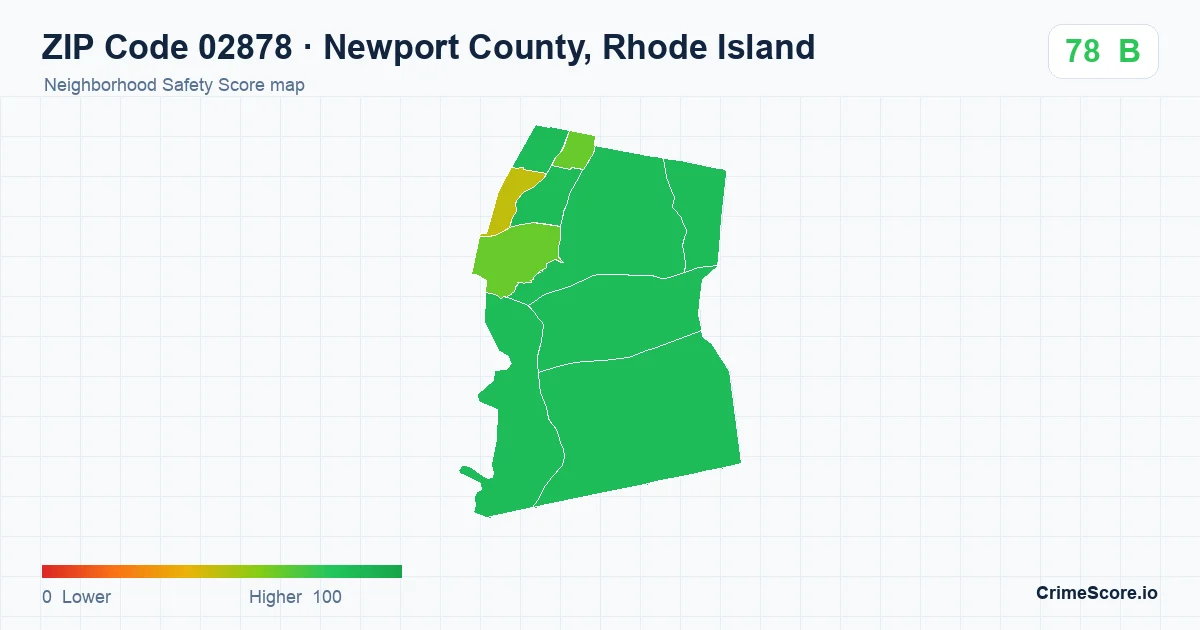 ZIP Code 02878 in Newport County, Rhode Island neighborhood Safety Score map